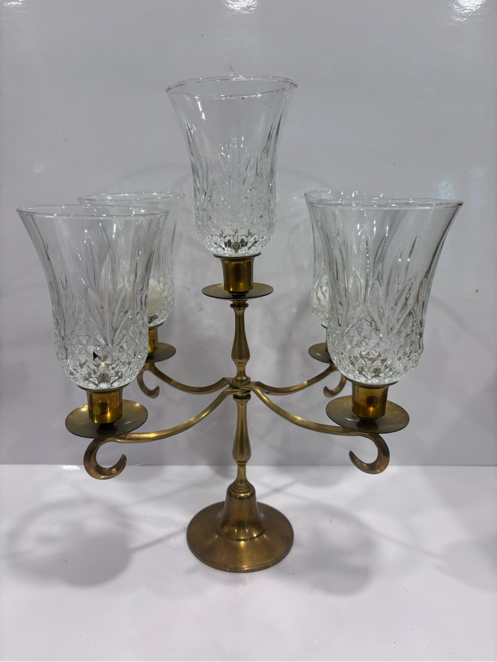Vintage Brass Gold Tone Centerpiece/ Candelabra with 5 Cut Glass Voltive Cups